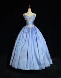 Ndyad Blue Spaghetti Strap Ball Gown Quinceanera Dress Elegant Beaded Evening Gown Glitter Birthday Dress HZ1024
