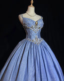 Ndyad Blue Spaghetti Strap Ball Gown Quinceanera Dress Elegant Beaded Evening Gown Glitter Birthday Dress HZ1024