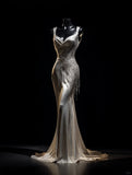 Ndyad Champagne V-neck Mermaid Evening Gowns Satin Beaded Tassel Long Prom Dresses HZ1024