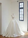 Ndyad Strapless White Bridal Gown Satin Ball Gown Wedding Dress Simple Bridal Dress HZ1024