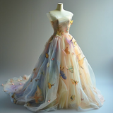 Ndyad Strapless Colorful Ball Gown Long Prom Dress Tulle 3D Butterfly Quinceanera Dress HZ1024