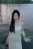 Ndyad White Strapless Sheath Long Prom Dress Tulle Sequin Formal Dress Sparkly Birthday Evening Gowns HZ1024