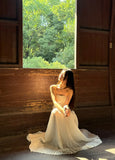Ndyad White Strapless Sheath Long Prom Dress Tulle Sequin Formal Dress Sparkly Birthday Evening Gowns HZ1024