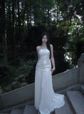 Ndyad White Strapless Sheath Long Prom Dress Tulle Sequin Formal Dress Sparkly Birthday Evening Gowns HZ1024