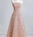 Ndyad Peach Strapless Ball Gown Long Prom Dress Tulle Beads Sparkly Evening Gowns HZ1024