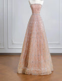Ndyad Peach Strapless Ball Gown Long Prom Dress Tulle Beads Sparkly Evening Gowns HZ1024