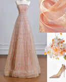 Ndyad Peach Strapless Ball Gown Long Prom Dress Tulle Beads Sparkly Evening Gowns HZ1024