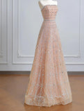 Ndyad Peach Strapless Ball Gown Long Prom Dress Tulle Beads Sparkly Evening Gowns HZ1024