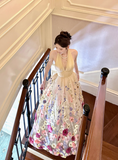 Ndyad Apricot Halter Neck Formal Dress Ball Gown Birthday Dress Tulle Applique Open Back Party Dress HZ1024