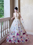 Ndyad Apricot Halter Neck Formal Dress Ball Gown Birthday Dress Tulle Applique Open Back Party Dress HZ1024