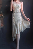 Ndyad Spaghetti Strap Sheath Formal Dress Satin Beaded Birthday Dress Elegant Short Homecoming Dress HZ1024