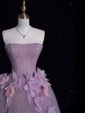 Ndyad Strapless Ball Gown Purple Long Prom Dress Tulle Applique Evening Dress Sweet 16 Dress HZ1024