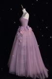 Ndyad Strapless Ball Gown Purple Long Prom Dress Tulle Applique Evening Dress Sweet 16 Dress HZ1024