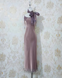 Ndyad Spaghetti Strap Sheath Gray Purple Long Prom Dress Elegant Satin Evening Dress HZ1024