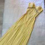 Ndyad Yellow Spaghetti Strap Sheath Long Prom Dress Elegant Chiffon Evening Dress Birthday Dress HZ1024