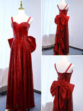 Ndyad Burgundy Strap A-Line Long Prom Dress Elegant Satin Sequin Evening Dress HZ1024