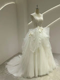 Ndyad White Strapless Ball Gown Wedding Dress Tulle Applique Bridal Dress HZ1024