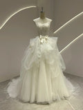 Ndyad White Strapless Ball Gown Wedding Dress Tulle Applique Bridal Dress HZ1024