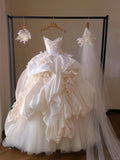 Ndyad Champagne Strapless Ball Gown Wedding Dress Tulle Satin Bridal Dress with Veil HZ1024