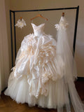 Ndyad Champagne Strapless Ball Gown Wedding Dress Tulle Satin Bridal Dress with Veil HZ1024