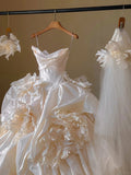 Ndyad Champagne Strapless Ball Gown Wedding Dress Tulle Satin Bridal Dress with Veil HZ1024
