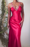 Ndyad V-neck Sheath Evening Dress Red Satin Beaded Long Prom Dress Elegant Party Dress HZ1024