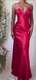 Ndyad V-neck Sheath Evening Dress Red Satin Beaded Long Prom Dress Elegant Party Dress HZ1024