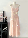 Ndyad Spaghetti Strap Sheath Short Birthday Dress Blush Pink Sequin Chiffon Party Dress Homecoming Dress HZ1024
