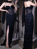 Ndyad Spaghetti Strap Sheath Evening Dress Birthday Dress Black Beaded Chiffon Party Dress Slit Prom Dress HZ1024