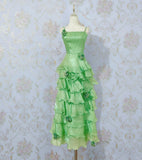 Ndyad Spaghetti Strap Ball Gown Evening Dress Green Satin Tiered Party Dress HZ1024
