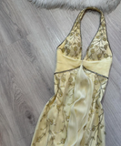 Ndyad Halter Sheath Long Prom Dress Yellow Beaded Chiffon Formal Dress Backless Evening Gown HZ1024