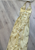 Ndyad Halter Sheath Long Prom Dress Yellow Beaded Chiffon Formal Dress Backless Evening Gown HZ1024