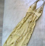 Ndyad Halter Sheath Long Prom Dress Yellow Beaded Chiffon Formal Dress Backless Evening Gown HZ1024