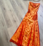 Ndyad Strapless A-Line Long Prom Dress Orange Beaded Chiffon Formal Dress Elegant Evening Gown HZ1024