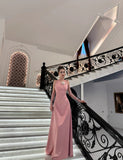 Ndyad Pink V-Neck A-Line Long Prom Dress Satin Evening Dress Bridesmaid Dress HZ1024
