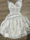 Ndyad White Birthday Dress Spaghetti Strap Ball Gown Satin Party Dress Short Homecoming Dress HZ1024