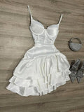 Ndyad White Birthday Dress Spaghetti Strap Ball Gown Satin Party Dress Short Homecoming Dress HZ1024