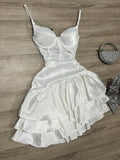Ndyad White Birthday Dress Spaghetti Strap Ball Gown Satin Party Dress Short Homecoming Dress HZ1024