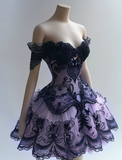 Ndyad Ball Gown Sweetheart Neck Birthday Dress Lace Applique Party Dress Tulle Purple Short Homecoming Dress HZ1024