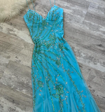 Ndyad Blue Sheath Spaghetti Strap Long Prom Dress Beaded Chiffon Evening Dress Stunning Formal Dress HZ1024