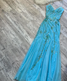 Ndyad Blue Sheath Spaghetti Strap Long Prom Dress Beaded Chiffon Evening Dress Stunning Formal Dress HZ1024