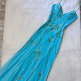 Ndyad Blue Sheath Spaghetti Strap Long Prom Dress Beaded Chiffon Evening Dress Stunning Formal Dress HZ1024
