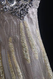 Ndyad Sheath V-neck Silk Beaded Long Evening Gowns,Sequined Tulle Light Grey Formal Dresses Gorgeous Prom Dress HZ1024