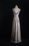 Ndyad Sheath V-neck Silk Beaded Long Evening Gowns,Sequined Tulle Light Grey Formal Dresses Gorgeous Prom Dress HZ1024