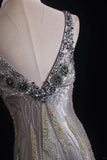 Ndyad Sheath V-neck Silk Beaded Long Evening Gowns,Sequined Tulle Light Grey Formal Dresses Gorgeous Prom Dress HZ1024