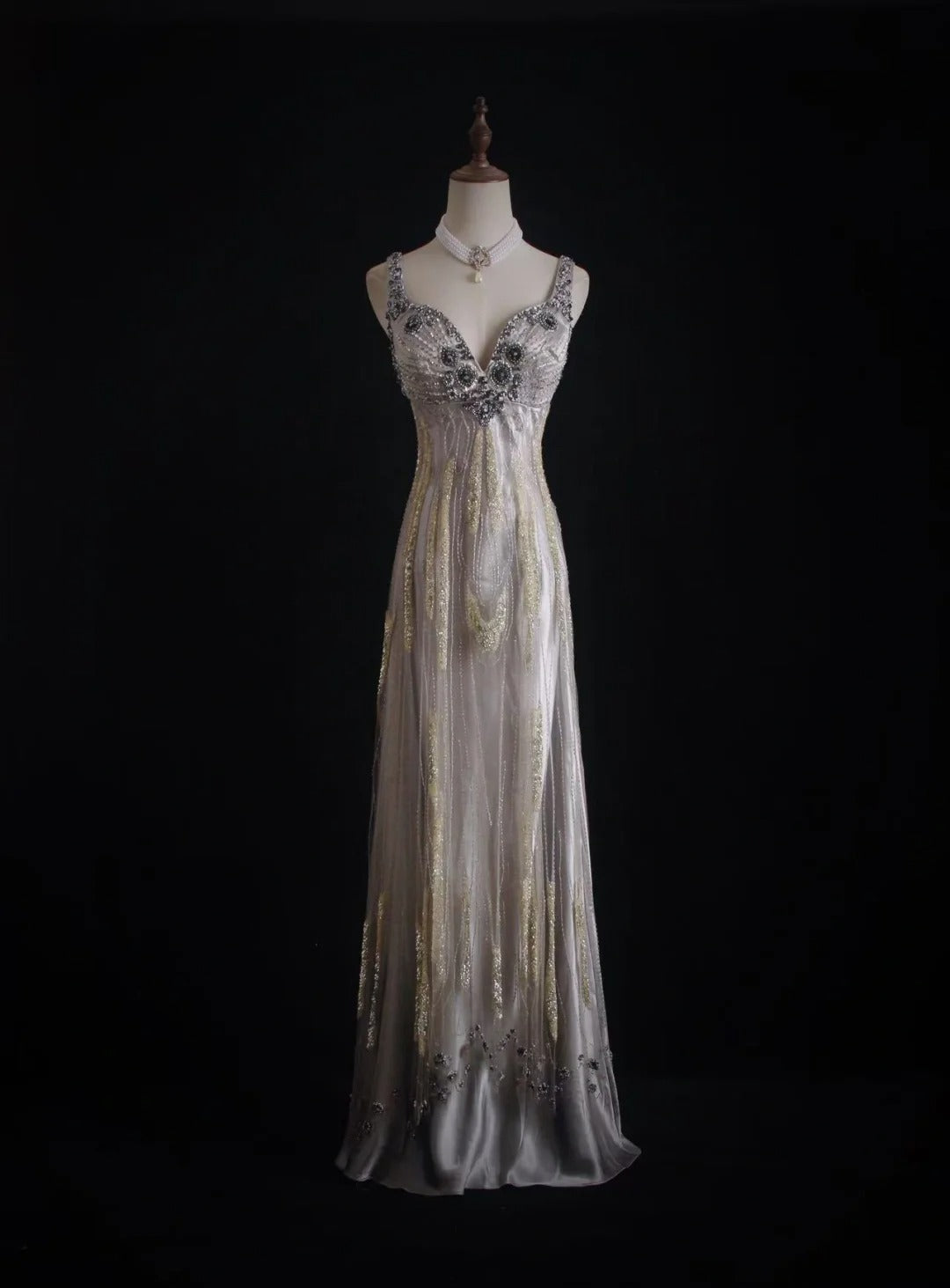 Ndyad Sheath V-neck Silk Beaded Long Evening Gowns,Sequined Tulle Light Grey Formal Dresses Gorgeous Prom Dress HZ1024