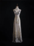 Ndyad Sheath V-neck Silk Beaded Long Evening Gowns,Sequined Tulle Light Grey Formal Dresses Gorgeous Prom Dress HZ1024
