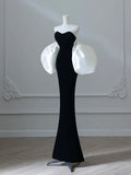 Evafashion Mermaid Velvet Puff Sleeves Black Long Prom Dress, Black Evening Dress HZ1024