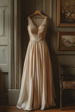 Ndyad Sheath Sheer Straps Long Evening Gown Light Champagne Chiffon Formal Dress Bridesmaid Dress HZ1024