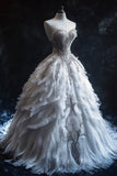 Ndyad Modest Sweetheart Ball Gown with Feather Appliques Long Evening Gown Quinceanera Dress HZ1024